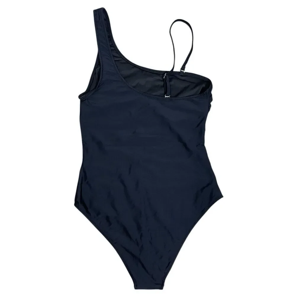 Black One Shoulder One Piece Swimsuit Mesh Cut Out Slimming S